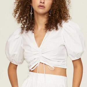 Derek Lam Top Puff Sleeve V-Neck Ruched Tie Front Cropped White 12